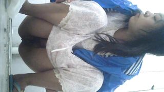 Pretty Asian babe with hairy pussy pooping