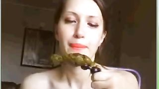 Sexy babe licking and eating her own anal beads