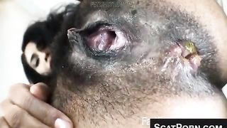 Busty Latina with thick bush pooping