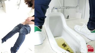 Sweet Japanese babe in jeans pooping in the toilet