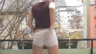 Gorgeous teen with round ass showing her dirty panties in public