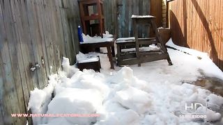 Chubby big ass blonde lady pooping in the snow