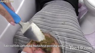 Skinny brunette girl pooping on her slave after taking shower