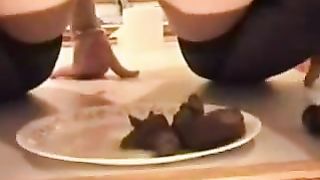 Beautiful Russian girl in stockings poops on plate