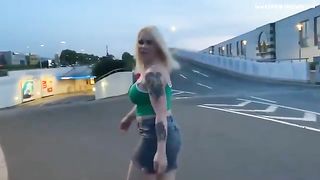 Tattooed curvy blonde poops in the car park
