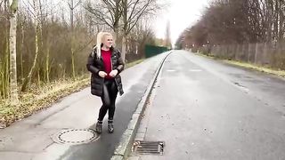 Beautiful blonde babe poops by the road side