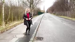 Big butt blonde lady pooping on the road