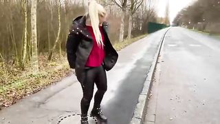 Big butt blonde lady pooping on the road
