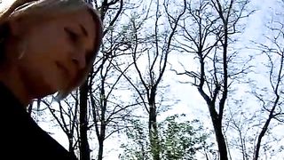 Chubby blonde lady poops in the sunlight