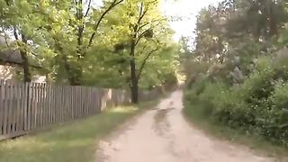 Curvy hot ass brunette babe poops in the woods