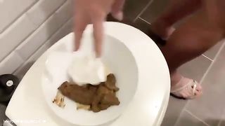 Blonde hot mommy poops in the toilet
