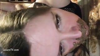 Hot looking busty girl eating messy shit