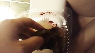 Slutty hairy pussy lady smearing poop