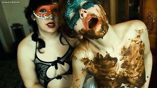 Two sexy scat girls dildo fucking while smearing
