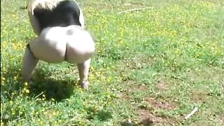 Dog owner pooping in the grass