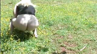 Dog owner pooping in the grass