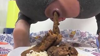 Scat slut pooping on a rice plate