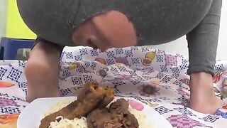Scat slut pooping on a rice plate