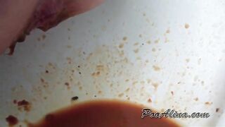 Cute Asian babe in bikini poops in the sink