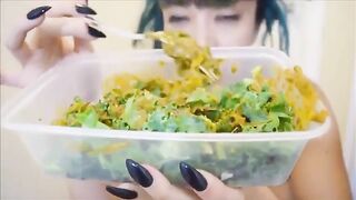 Seductive naked chick poops on her salad
