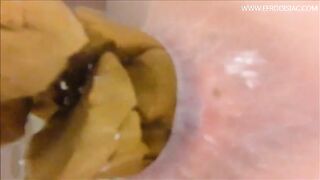 Tattooed brunette lady poops hard