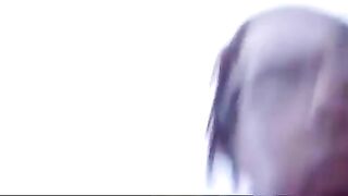 Brunette wife pooping in front of the house door