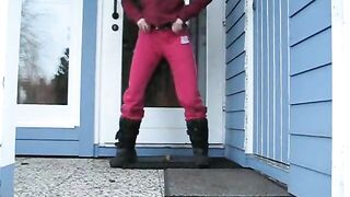 Brunette wife pooping in front of the house door