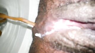 Closeup of hairy creamy pussy and pooping asshole