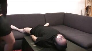 Sexy looking Asian babe poops on the slave