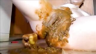 Woman pisses on the floor and makes a mess with her feet