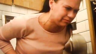 Curvy brunette milf pushing poop