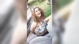 Chubby girl pooping behind the car
