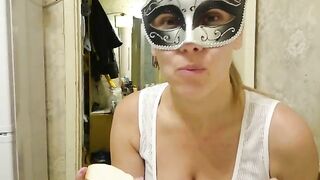 Rubbing her pussy while licking shit