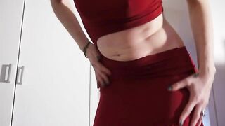 Blonde teen in red lingerie poop teasing