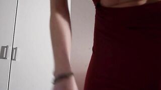 Blonde teen in red lingerie poop teasing