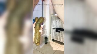 Catching her sticky poop