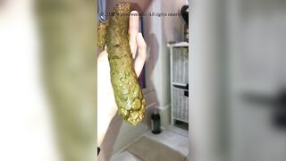 Catching her sticky poop