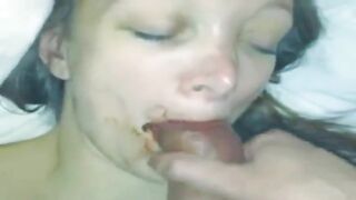 Amateur wife gives scat blowjob