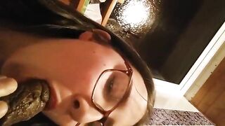 Nerdy busty brunette babe eating shit