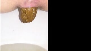Girl shitting long hard turd