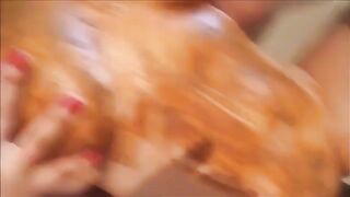 Cute busty girlfriend takes massive shit in mouth