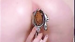 Dirty redhead young girl pooping closeup