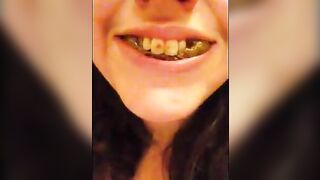 Happy brunette eats big turd