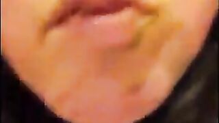 Happy brunette eats big turd