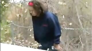 Cute hot brunette teen girl poops outdoor