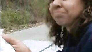 Cute hot brunette teen girl poops outdoor