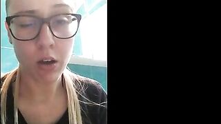 Nerdy blonde in glasses pooping heavily