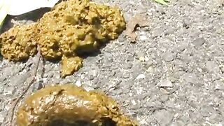 Young cute Japanese lady poops outdoor