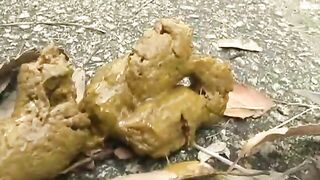 Young lady pooping heavily on the foot path