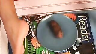 Curvy brunette babe drops hard poop